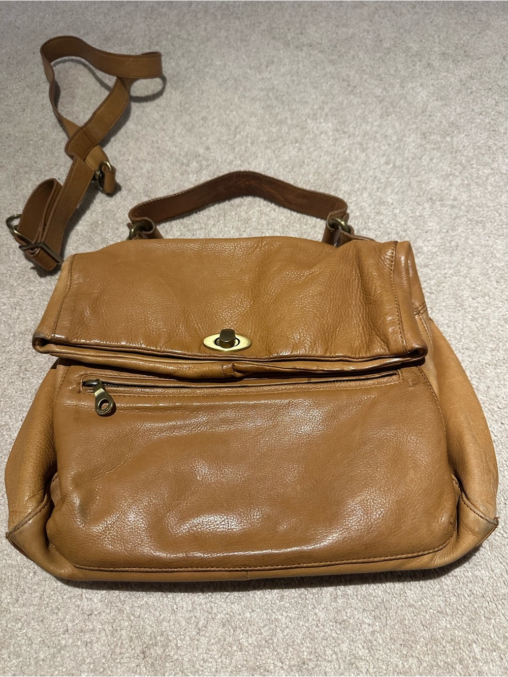 Tan Leather Top-Handle Crossbody Bag with Turn-Lock